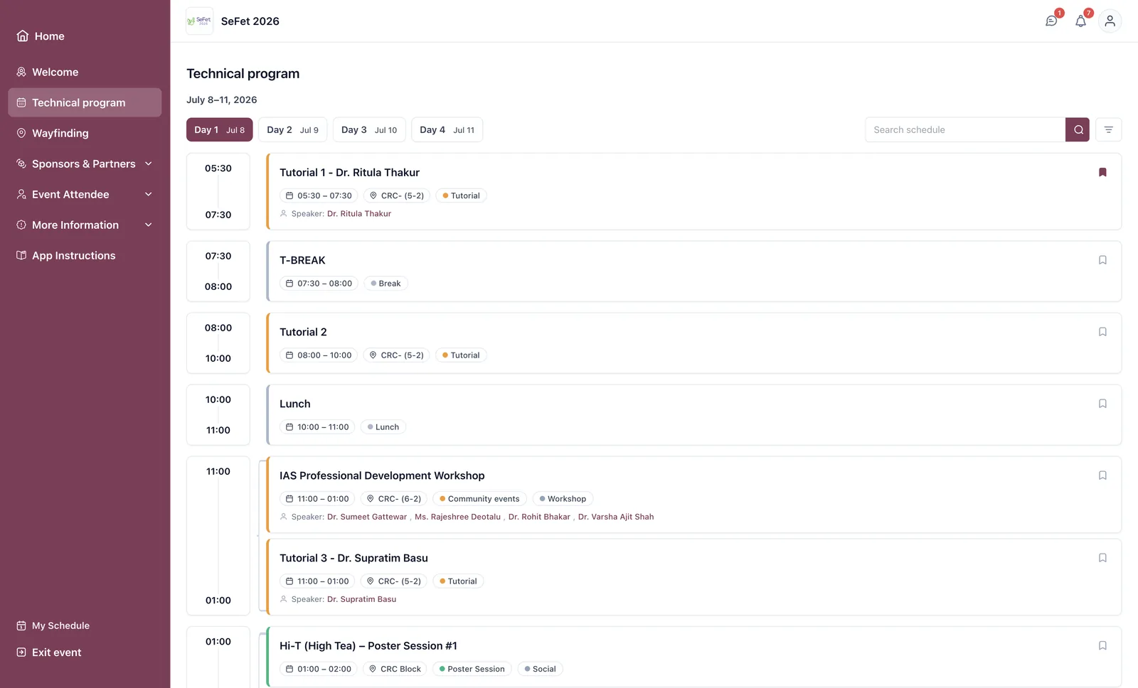 Technical programme in the app: day tabs for 8&ndash;11 July, a time rail, and session cards showing time, room, session type and speakers, each with a bookmark control.