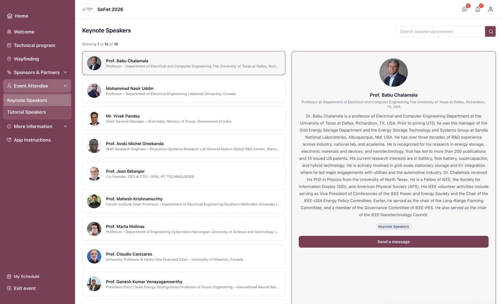 Keynote speakers list in the app with photos, titles and affiliations, alongside a full speaker profile including biography and a Send a message action.