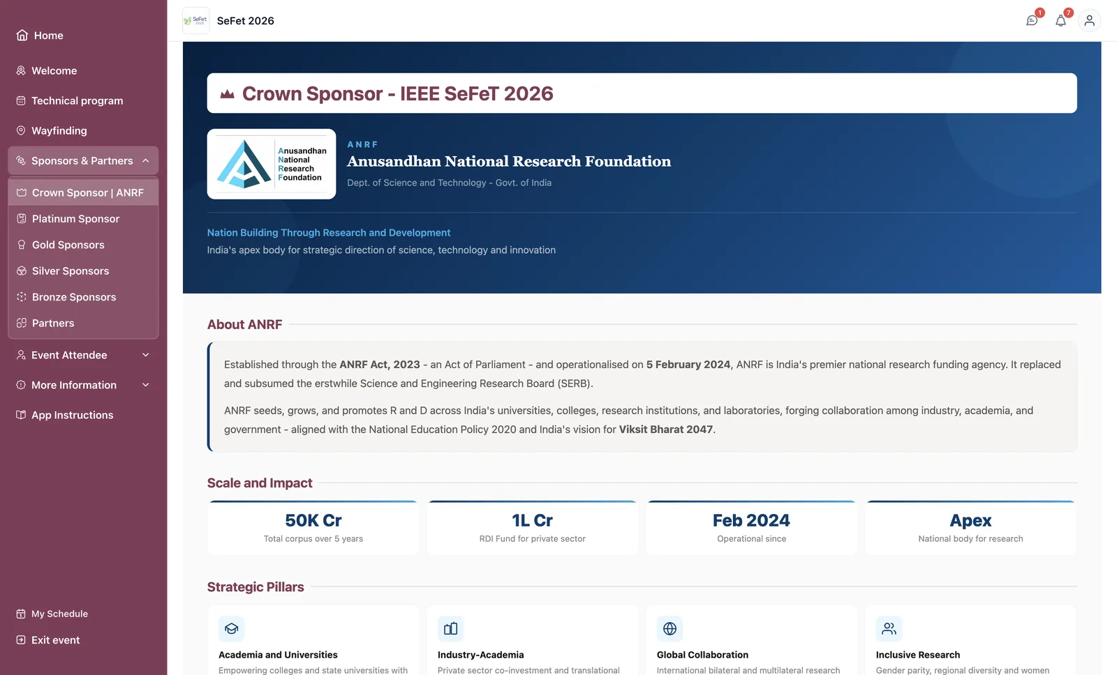 The Crown Sponsor page for ANRF inside the app: sponsor logo, positioning line, an About section, and a Scale and Impact figure strip, reached from a Sponsors & Partners menu listing every tier.