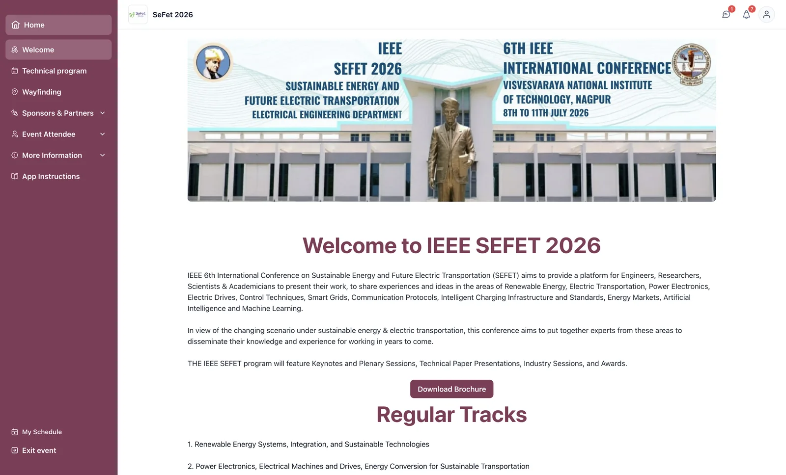 The SeFet 2026 attendee app: the conference&rsquo;s own logo, name and maroon identity throughout, with its own navigation for programme, wayfinding, sponsors and attendees.