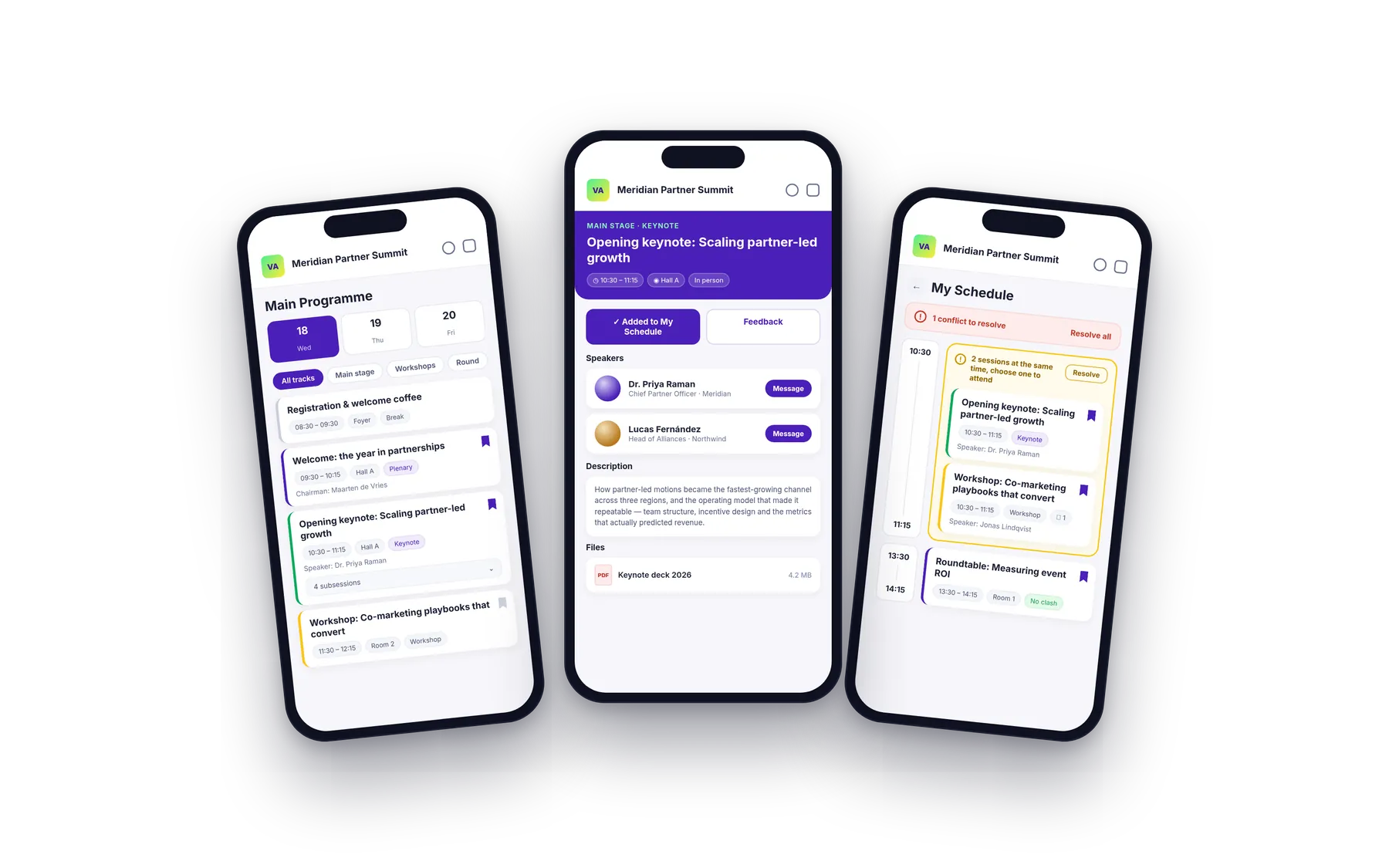 Three phones showing the Eventira attendee app: the event programme, a session detail with speakers and files, and a personal schedule flagging two clashing sessions