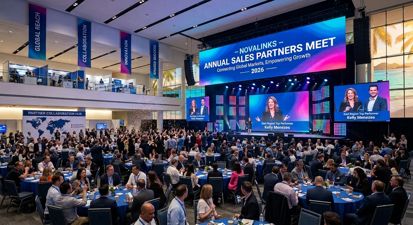 A packed incentive programme gala: hundreds of top performers at banquet tables facing a stage where an award is being presented on the big screens.