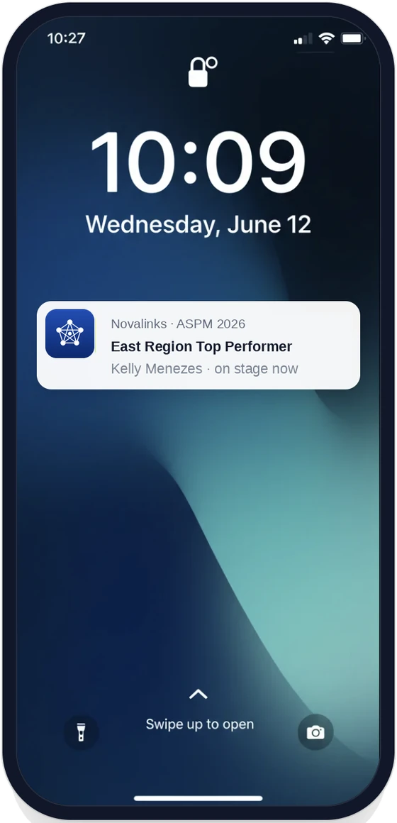 Phone lock screen showing a white-labelled push notification from the Novalinks ASPM 2026 app: East Region Top Performer, Kelly Menezes, on stage now.