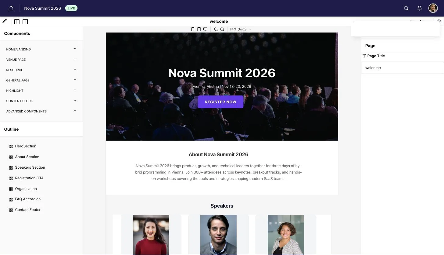 The Eventira no-code page builder: a component palette on the left, a live preview of the event website in the centre, and page settings on the right.