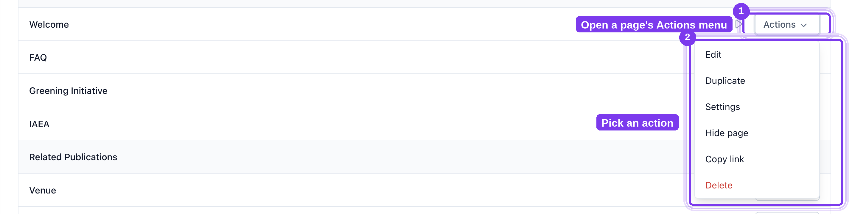 The Actions dropdown on a page row showing Edit, Duplicate, Settings, Hide page, Copy link, and Delete.