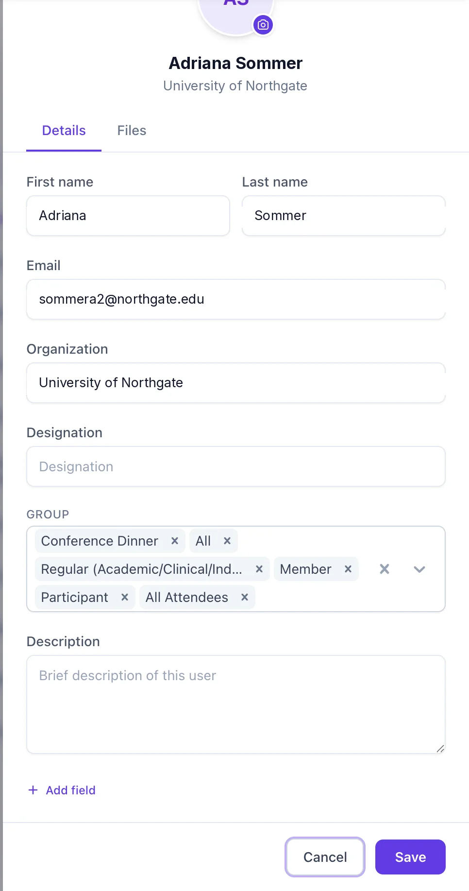 Editing a person, with first and last name, email, organisation, designation, groups, description and an Add field link.