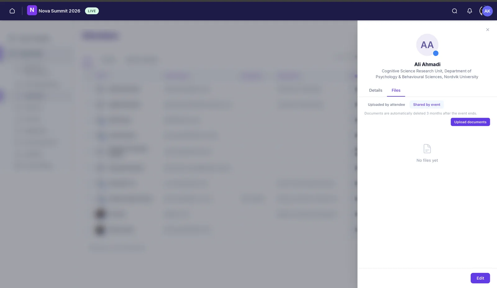 A person's Files tab, with Uploaded by attendee and Shared by event, an Upload documents button, and a note that documents are deleted three months after the event ends.