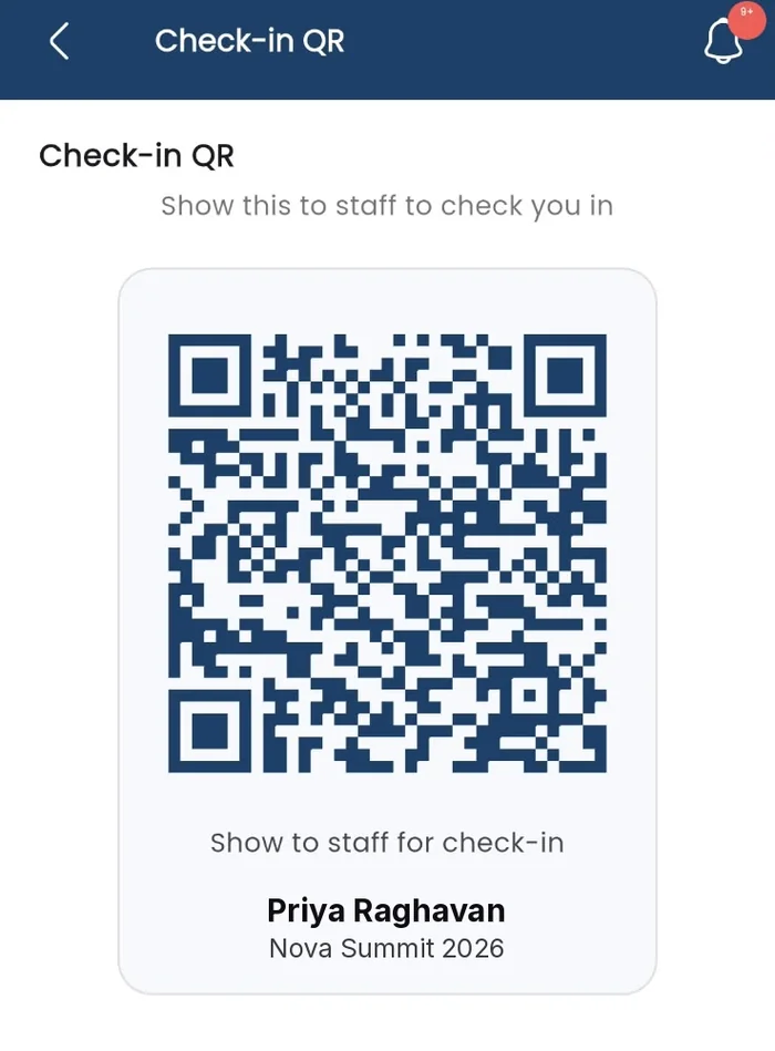 The attendee app showing a Check-in QR code with the attendee name and event name beneath it.