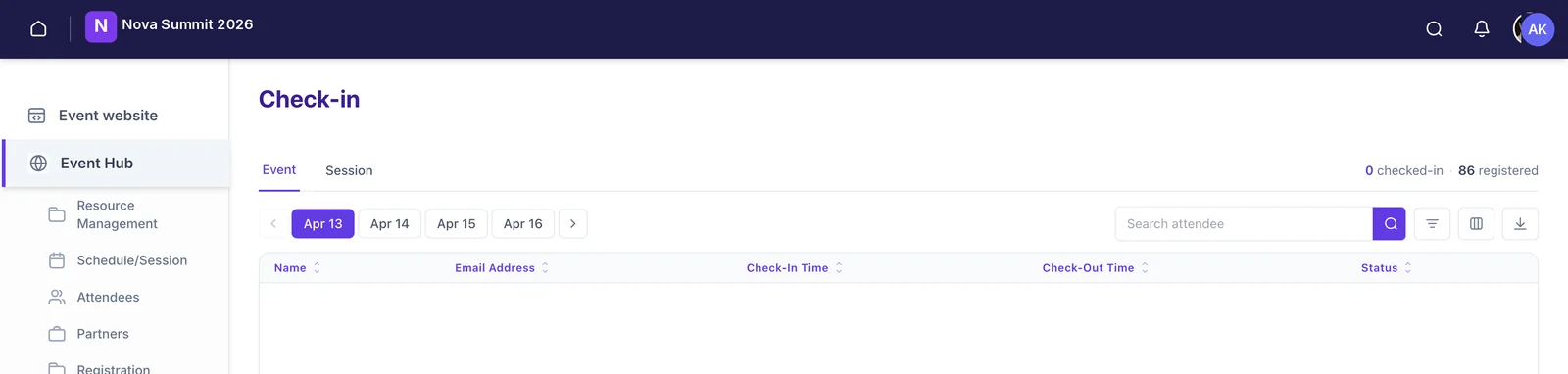 The Check-in screen in the CMS with Event and Session tabs, day pills, a search box, filter and export controls, and a checked-in against registered count.