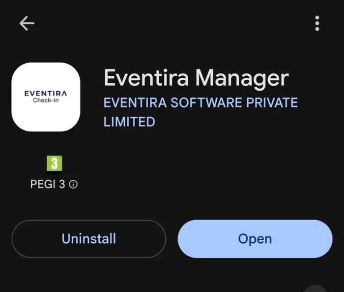 The Eventira Manager app listing on the app store, published by Eventira Software Private Limited.