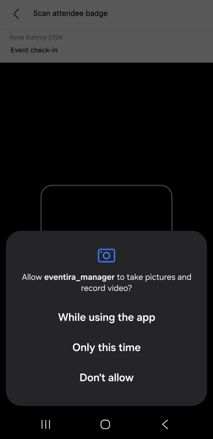 The manager app scanner screen requesting camera permission before scanning attendee badges.