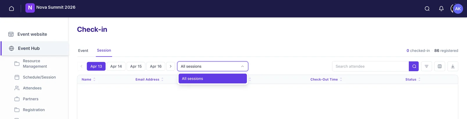 The Session tab of the check-in screen with a session picker dropdown open.