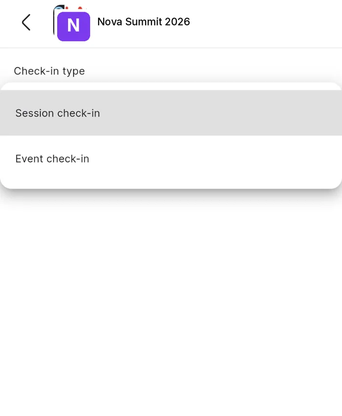 The manager app showing a check-in type chooser with Session check-in and Event check-in options and an Open scanner button.