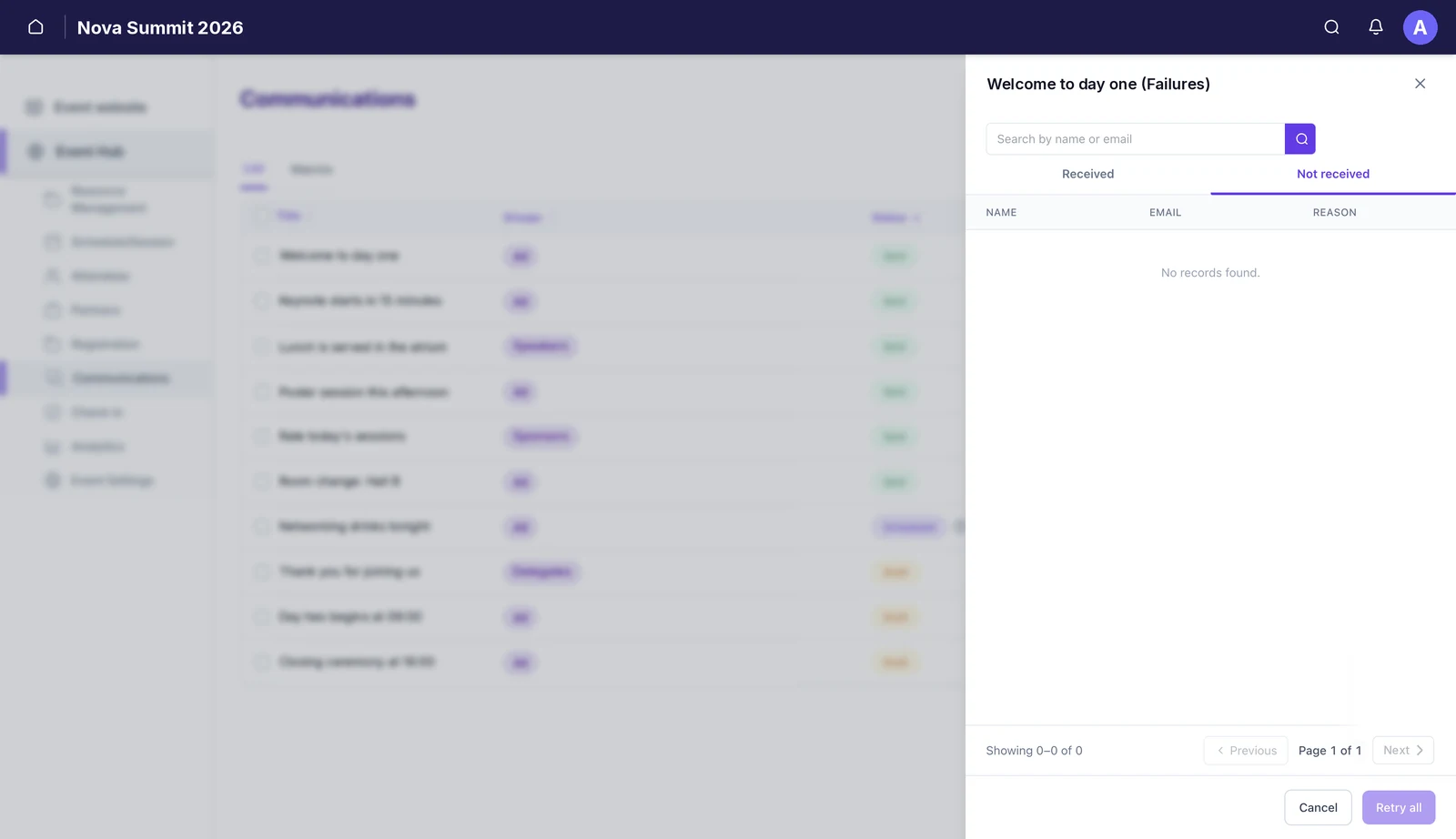 The Not received tab of the delivery panel, with columns for name, email and reason, and a Retry all button.