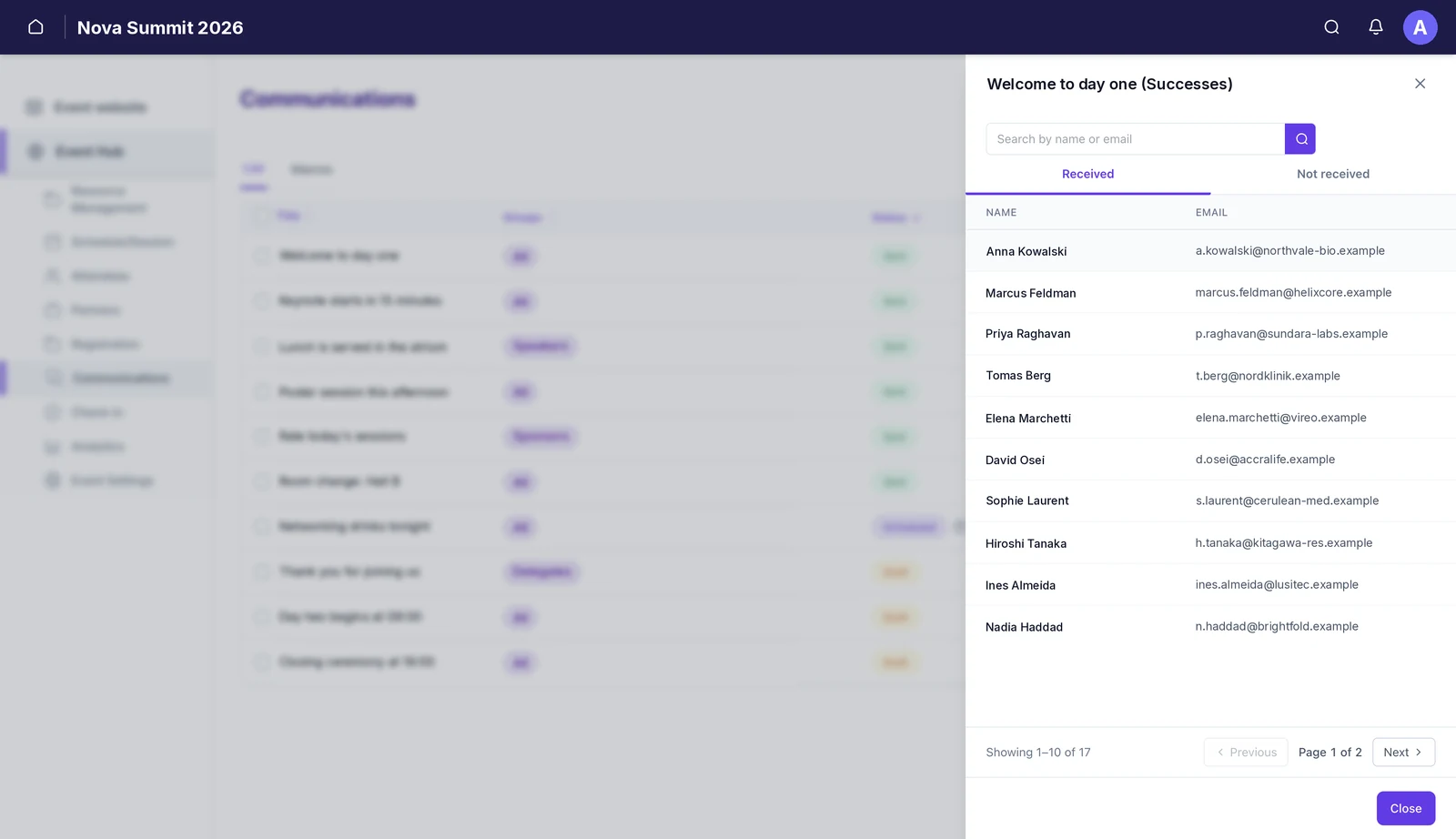 The delivery panel for a sent broadcast, titled Successes, with Received and Not received tabs, a search box, and a paginated list of recipients.