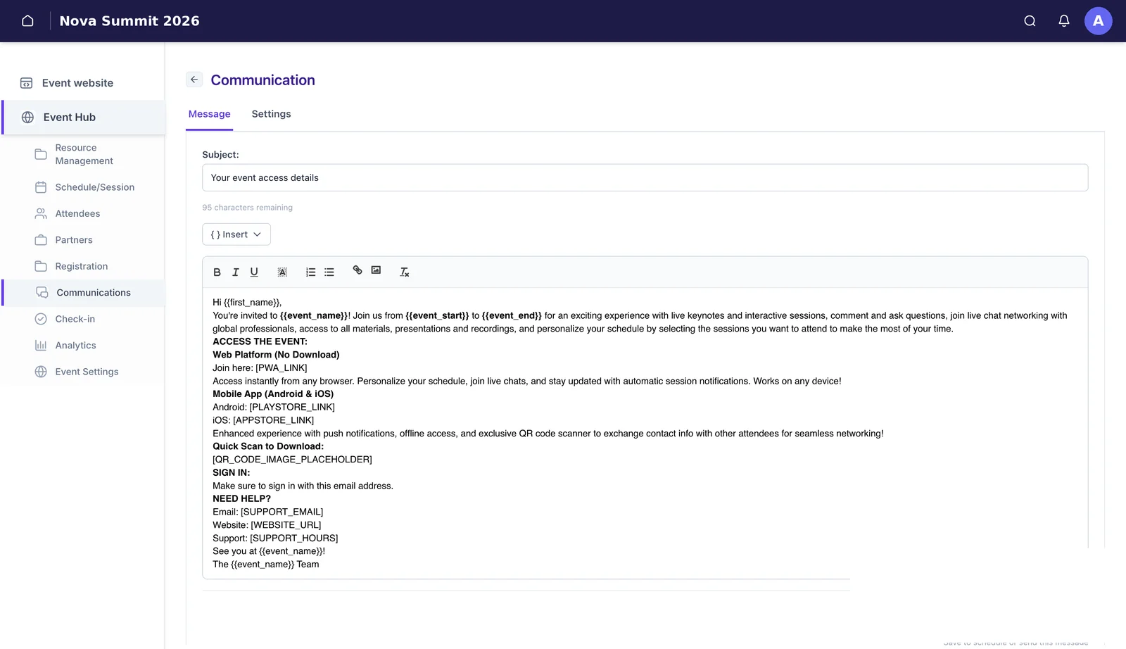 The email editor with a subject field, an Insert menu for macros, a rich-text toolbar and a message body containing macros such as first_name, event_name, event_start and event_end.