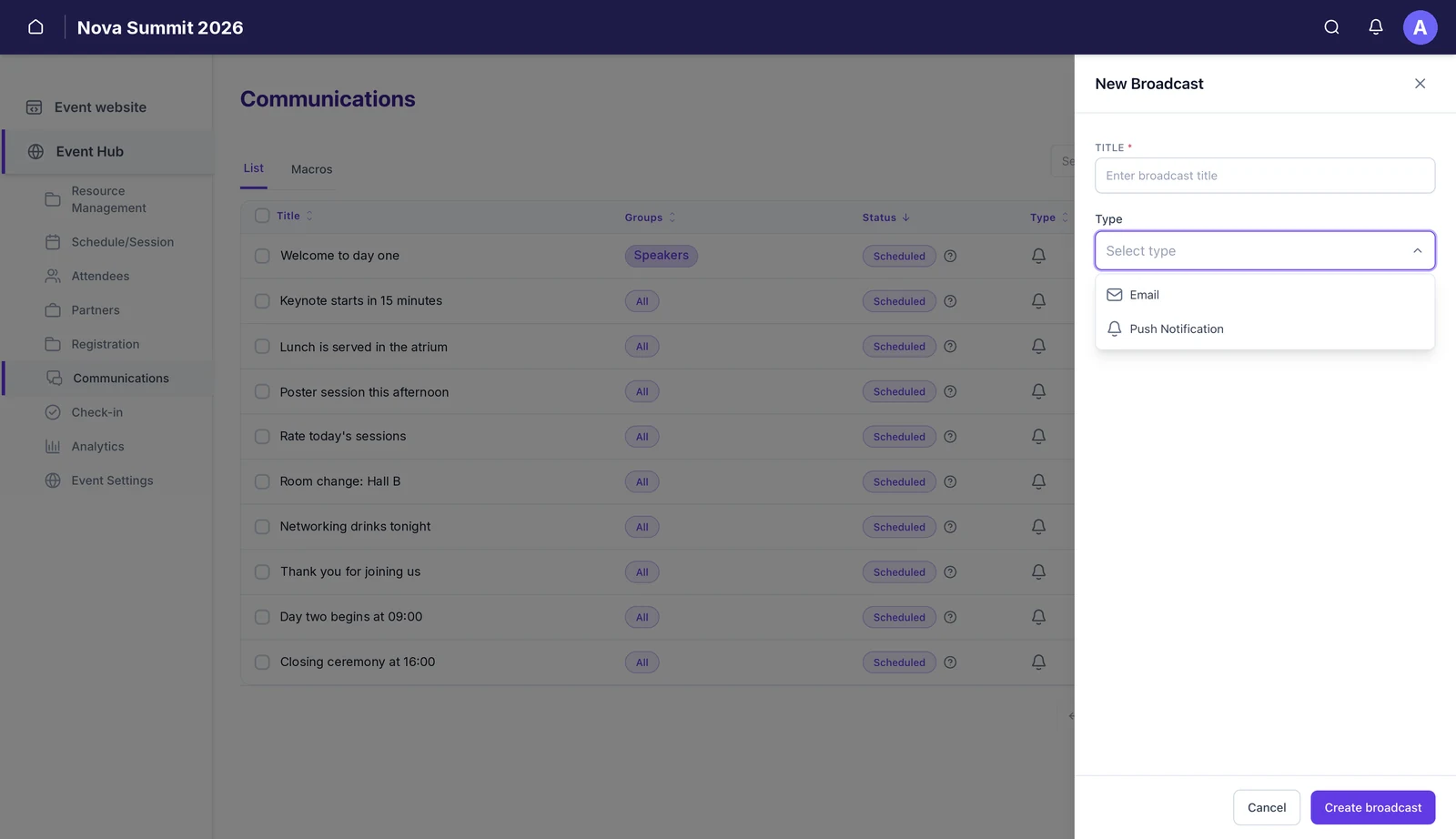 The New Broadcast panel with a required title field and a Type dropdown open, offering Email and Push Notification.