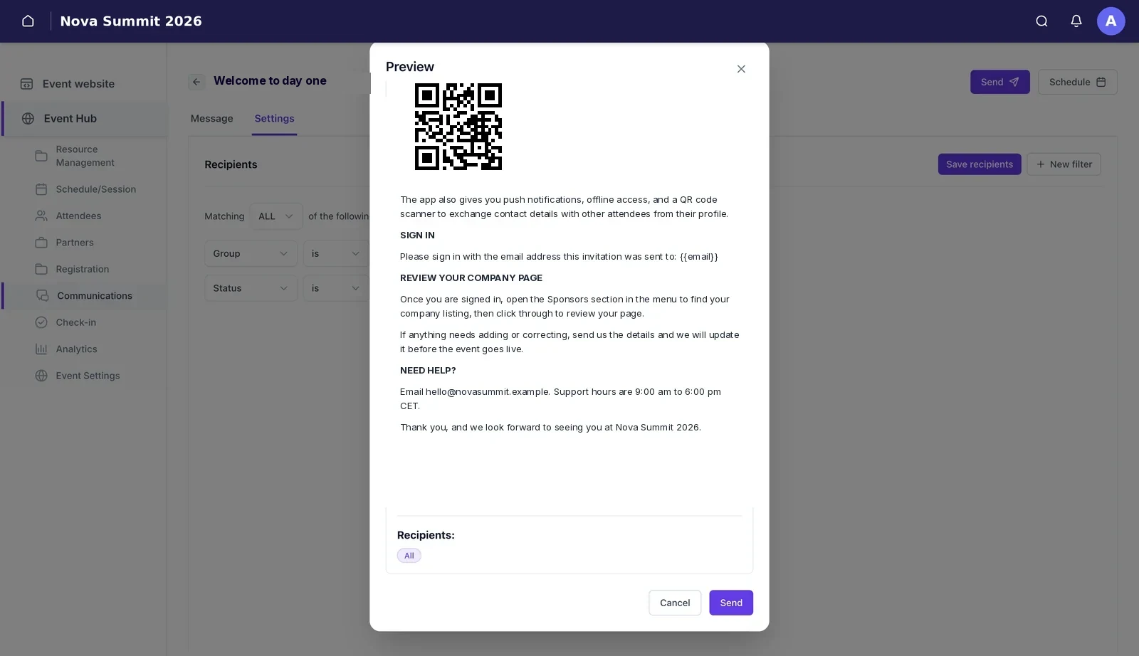 The Preview dialogue showing the finished email exactly as an attendee will receive it, with the recipient list underneath and Cancel and Send buttons.