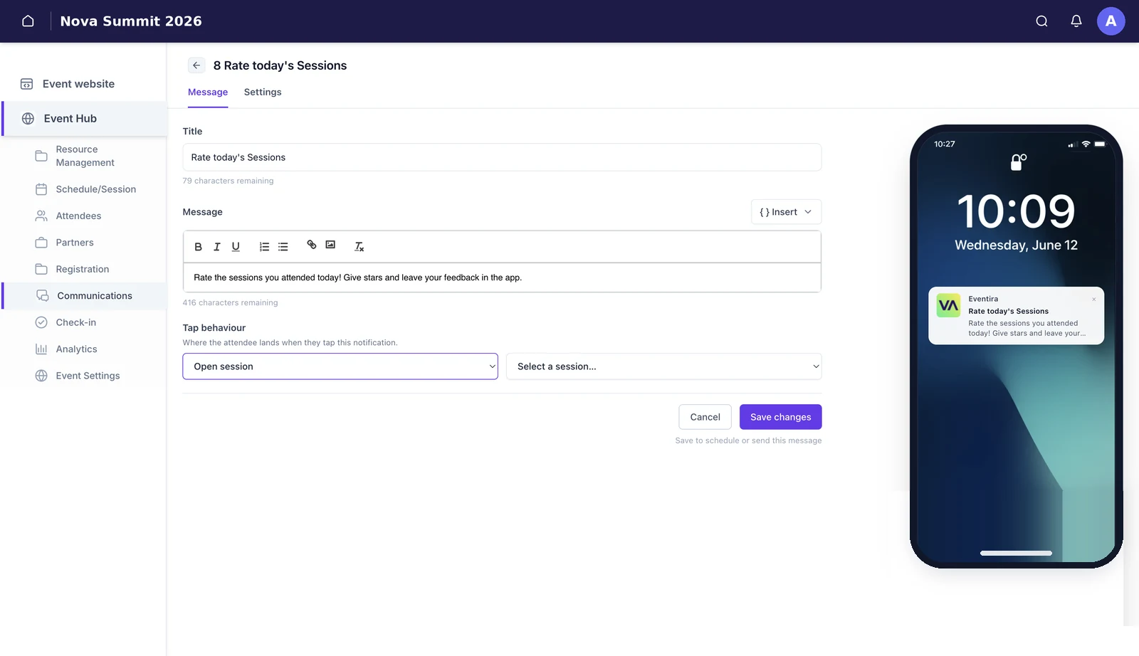 The push notification editor with title and message fields, character counters, a Tap behaviour dropdown set to Open session, and a live phone lock-screen preview on the right.