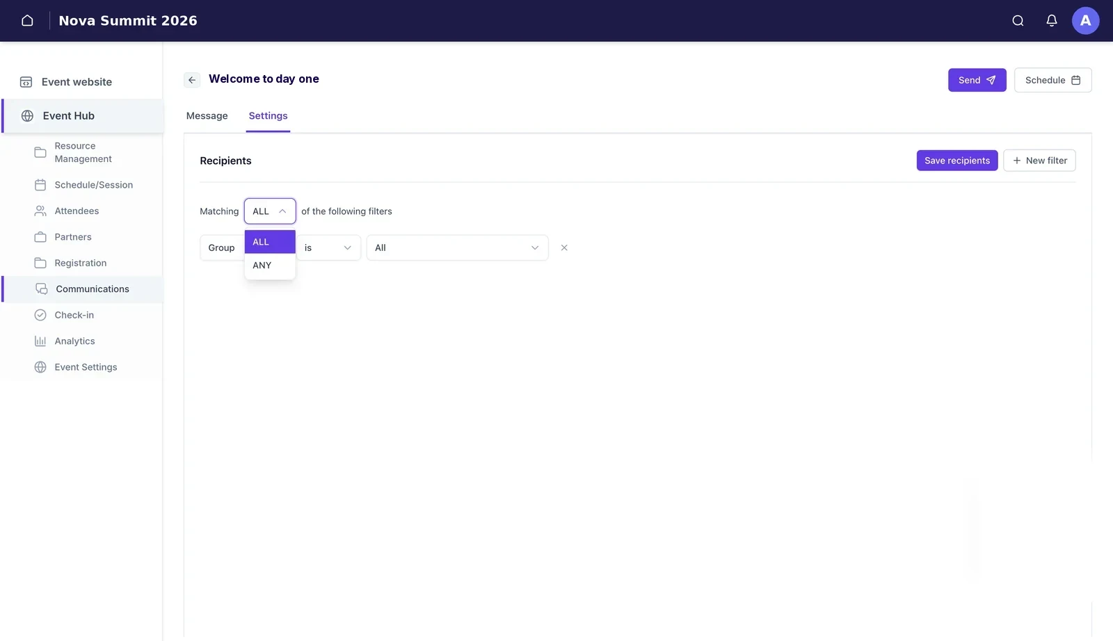 The Matching dropdown open, offering ALL or ANY, above a filter row reading Group is All.