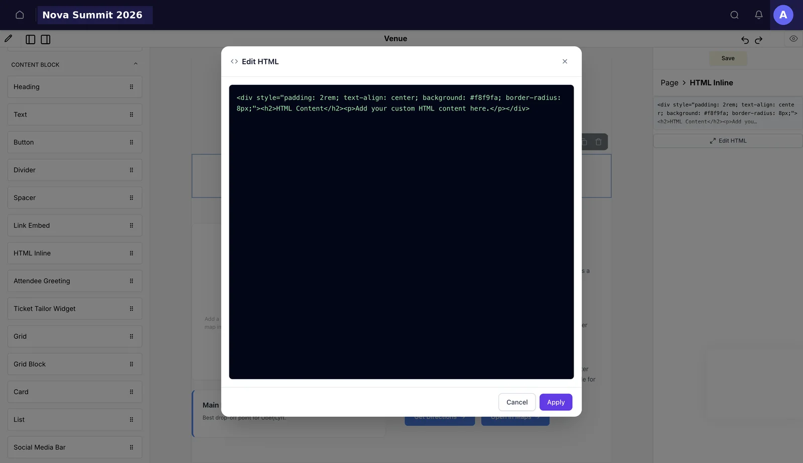 The Edit HTML modal: a full-width dark code editor containing the default markup, with Cancel and Apply buttons.