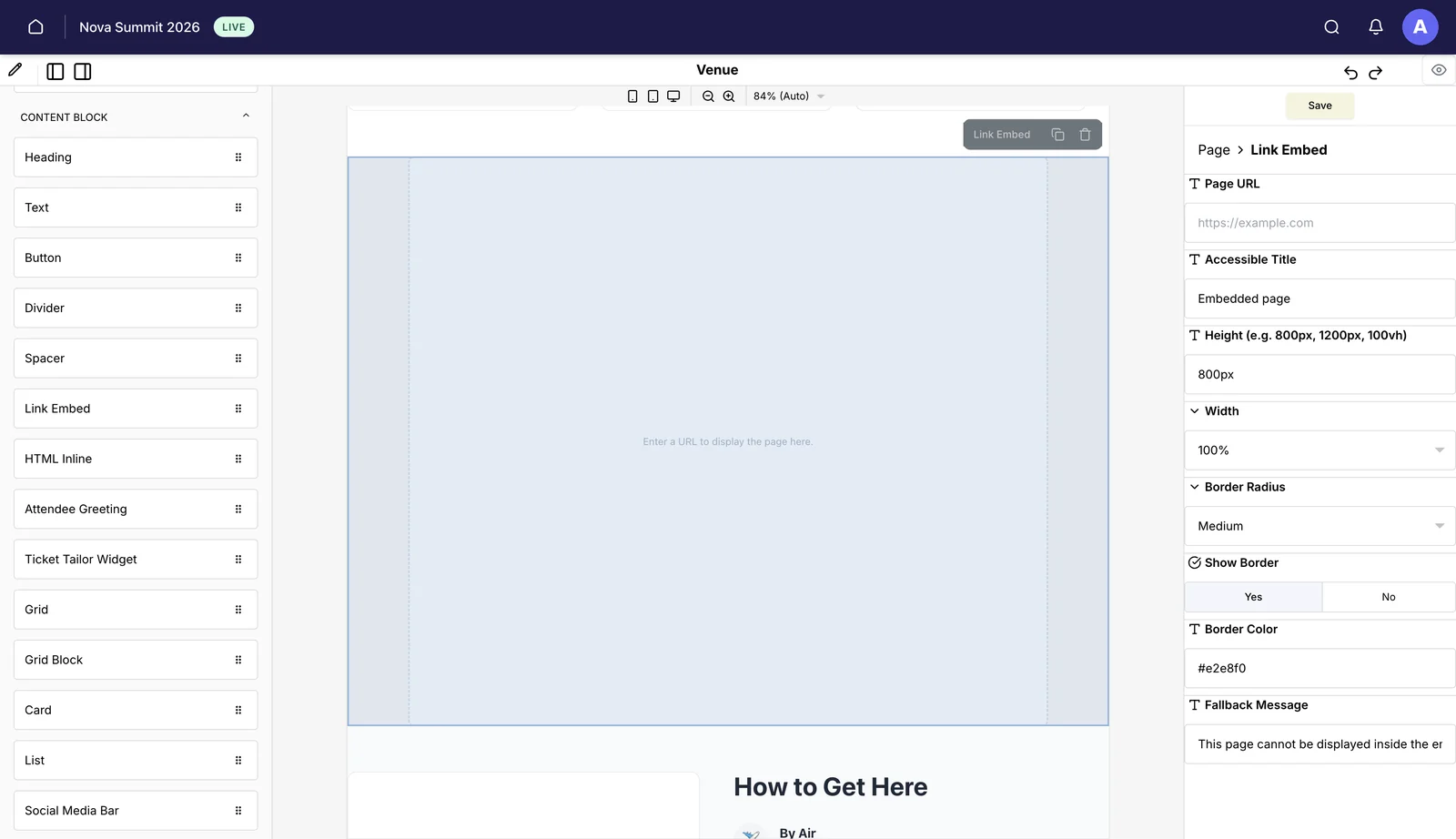 A Link Embed block selected on the canvas, with its settings on the right: Page URL, Accessible Title, Height, Width, Border Radius, Show Border, Border Color and Fallback Message.