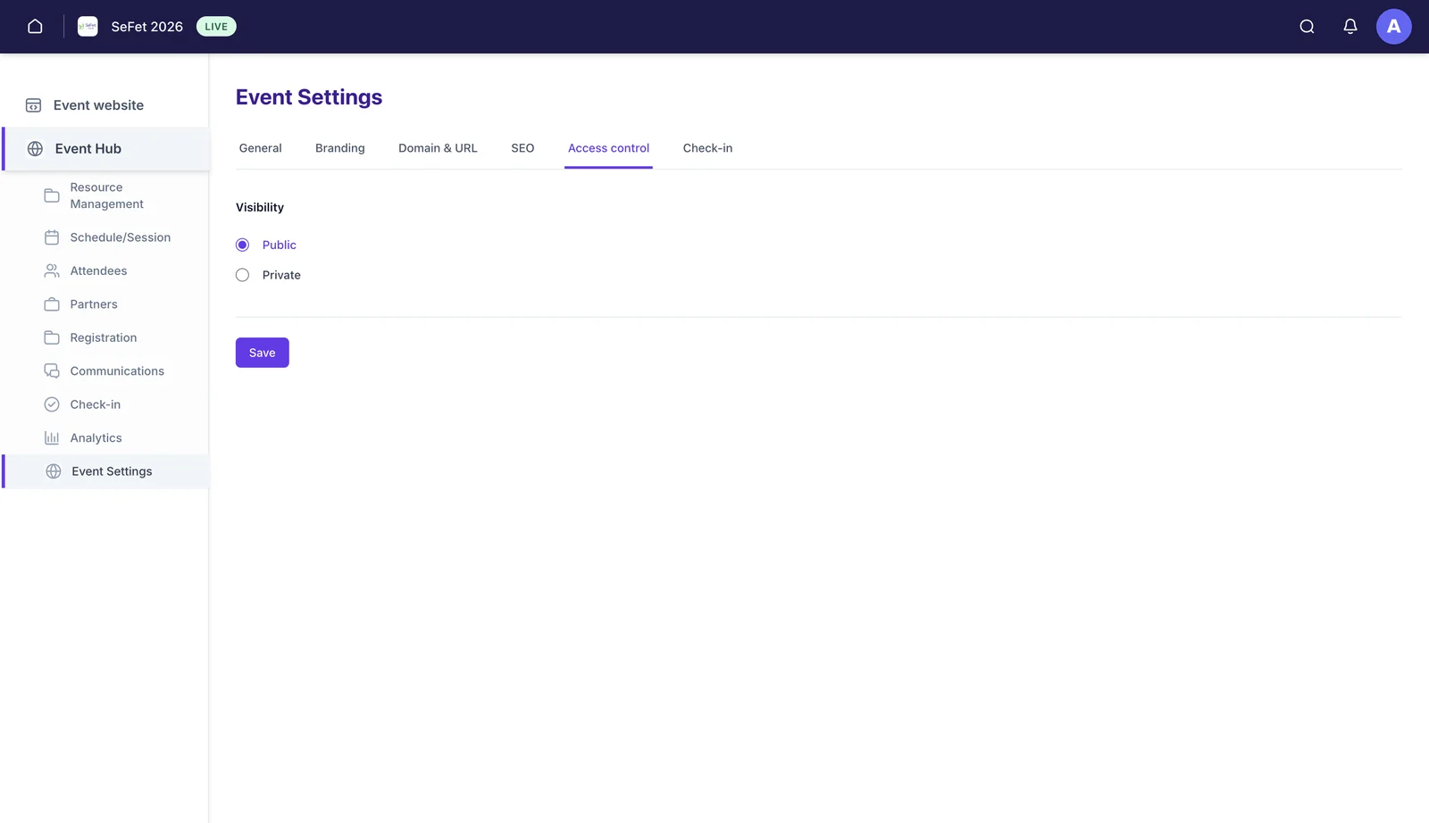 Event Settings with the Access control tab open, showing a Visibility choice of Public or Private and a Save button.