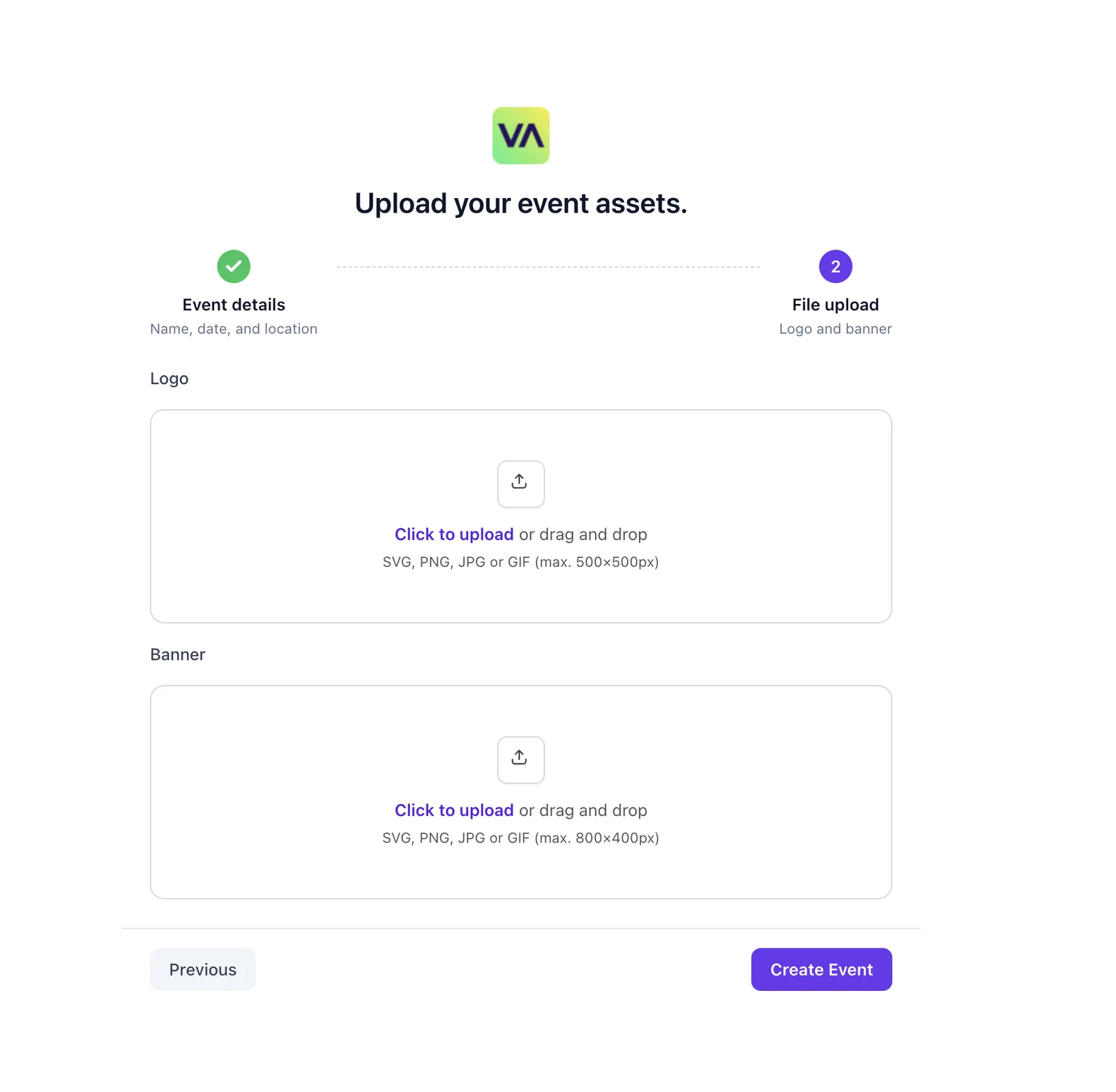 Step two of the wizard: drag-and-drop upload areas for a logo and a banner, with size limits, and a Create Event button.