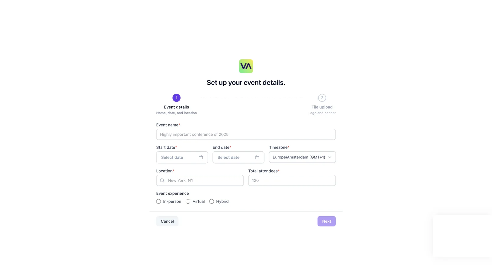 Step one of the wizard: event name, dates, timezone, location, expected attendees and event experience.