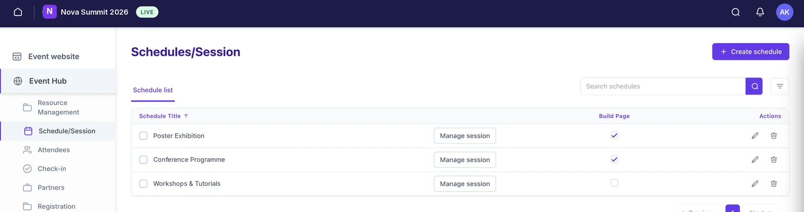 The Event Hub, with the left sidebar listing Event website, Resource Management, Schedule/Session, Attendees, Check-in, Partners, Registration, Communications, Analytics and Event Settings.