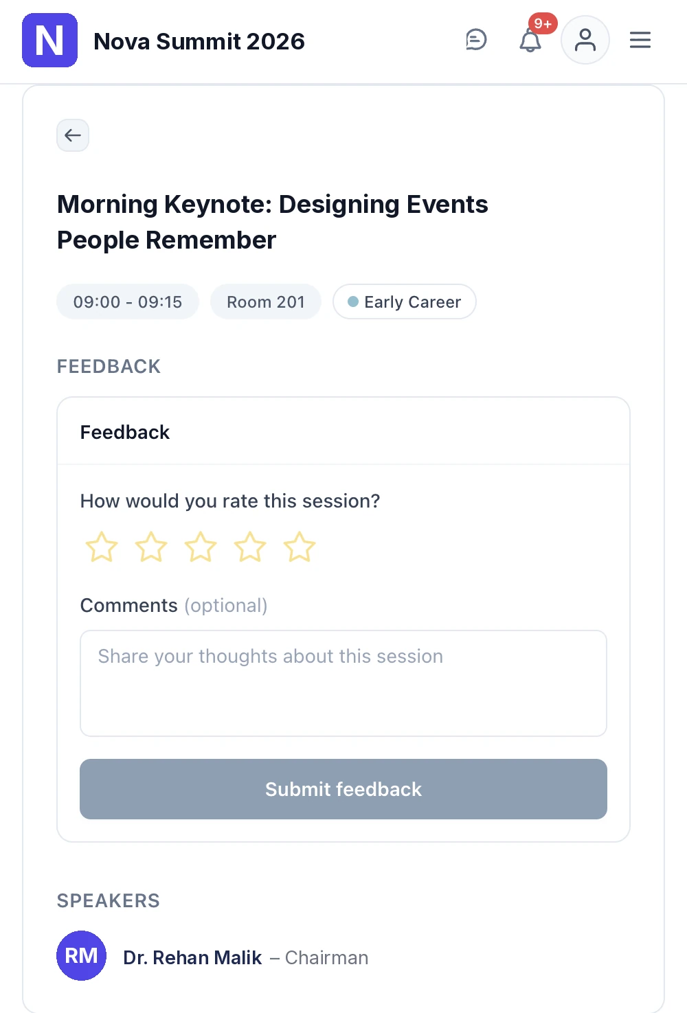 A session page in the attendee app showing a Feedback card with a five-star rating question, an optional comments box and an inactive Submit feedback button.