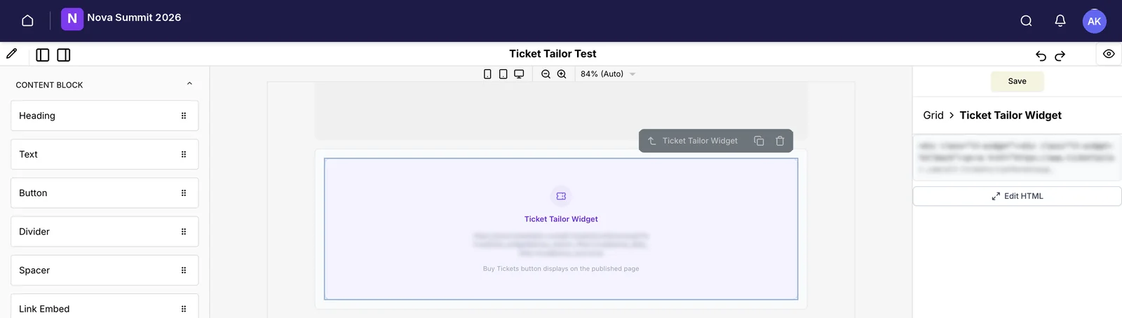 The page editor with the Ticket Tailor Widget component placed on the canvas, showing a placeholder and a note that the Buy Tickets button displays on the published page.