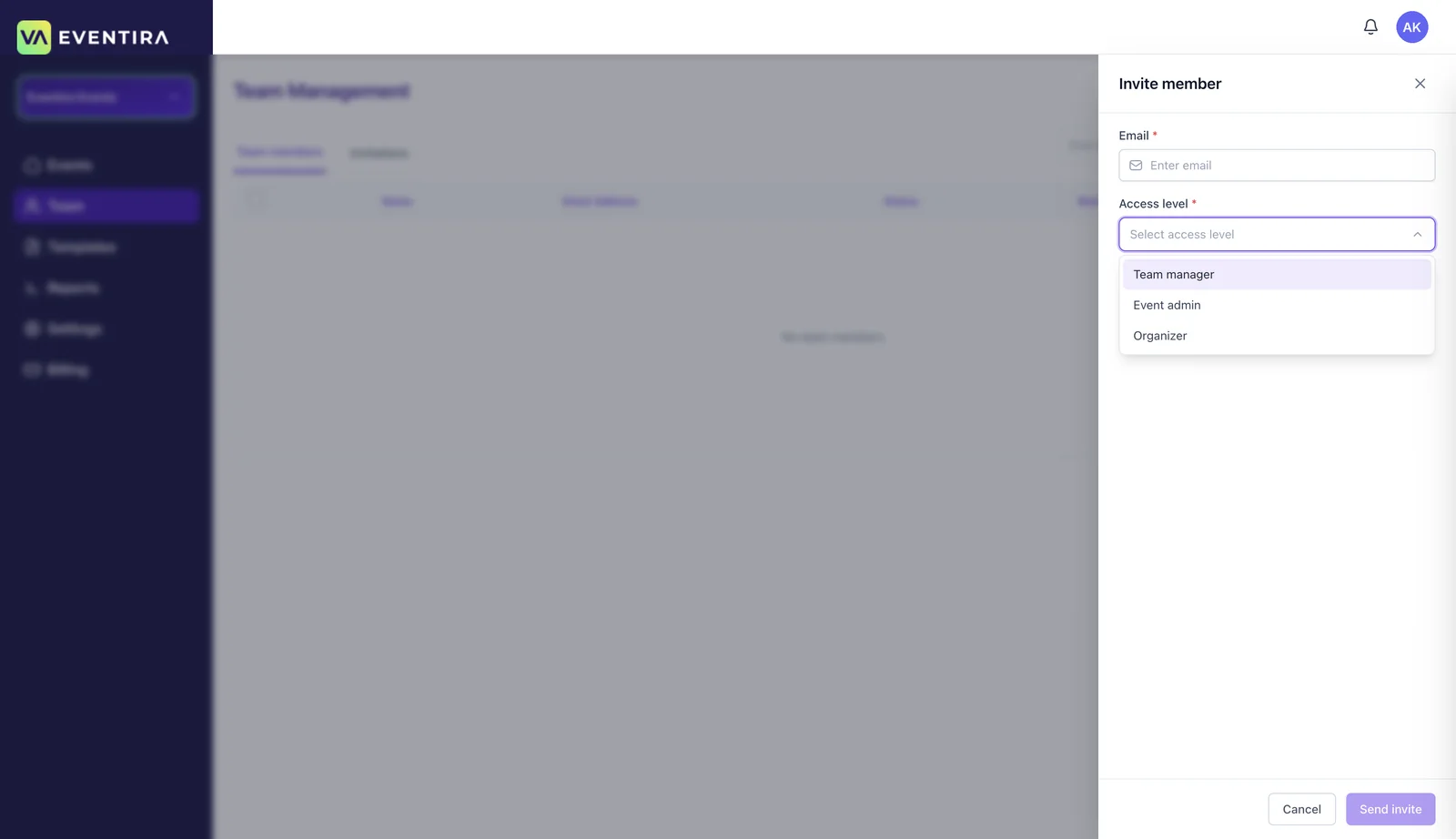 The Invite member panel with an email field and an access level menu offering Team manager, Event admin and Organizer.