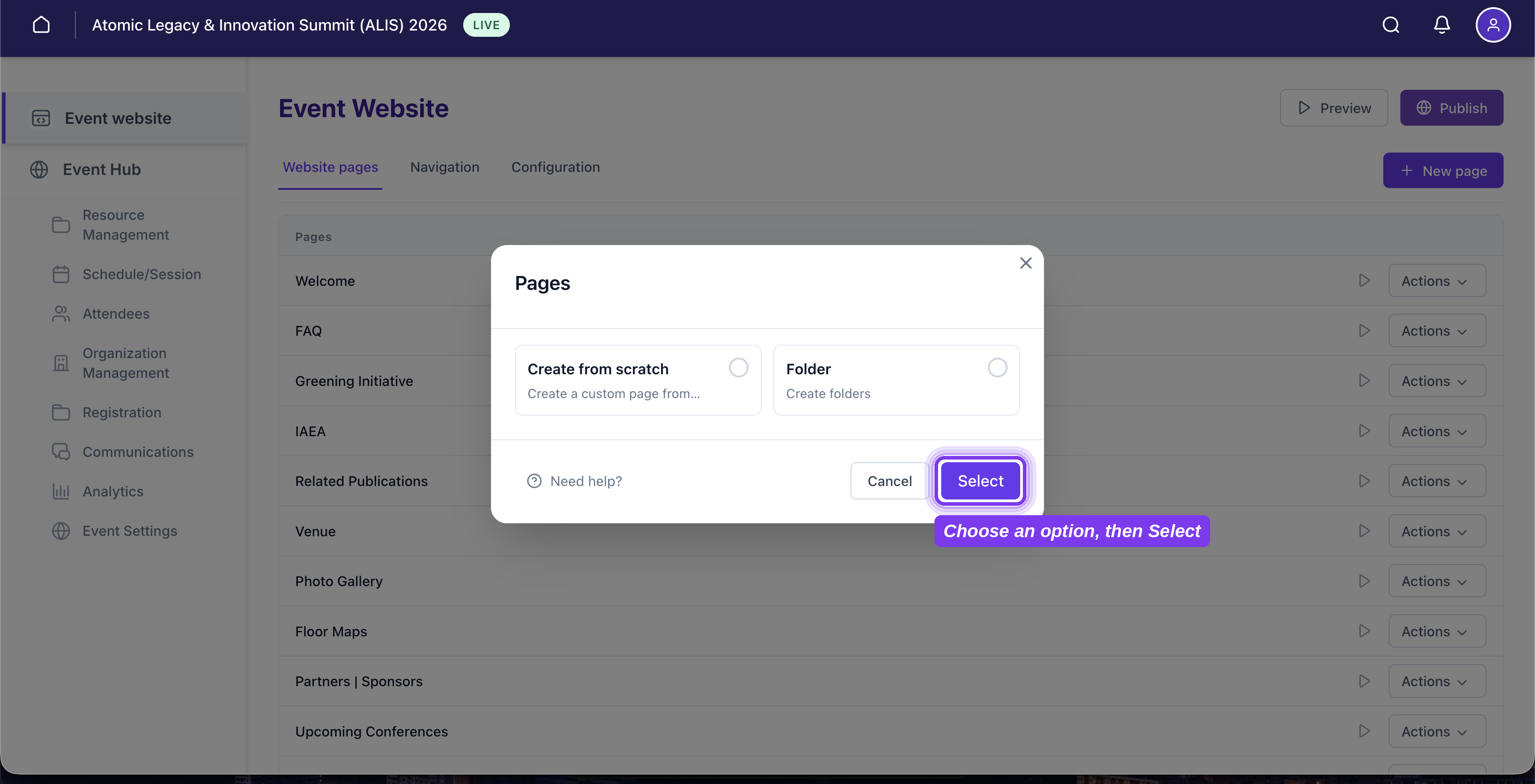 The Pages dialogue with Create from scratch and Folder options and a Select button.