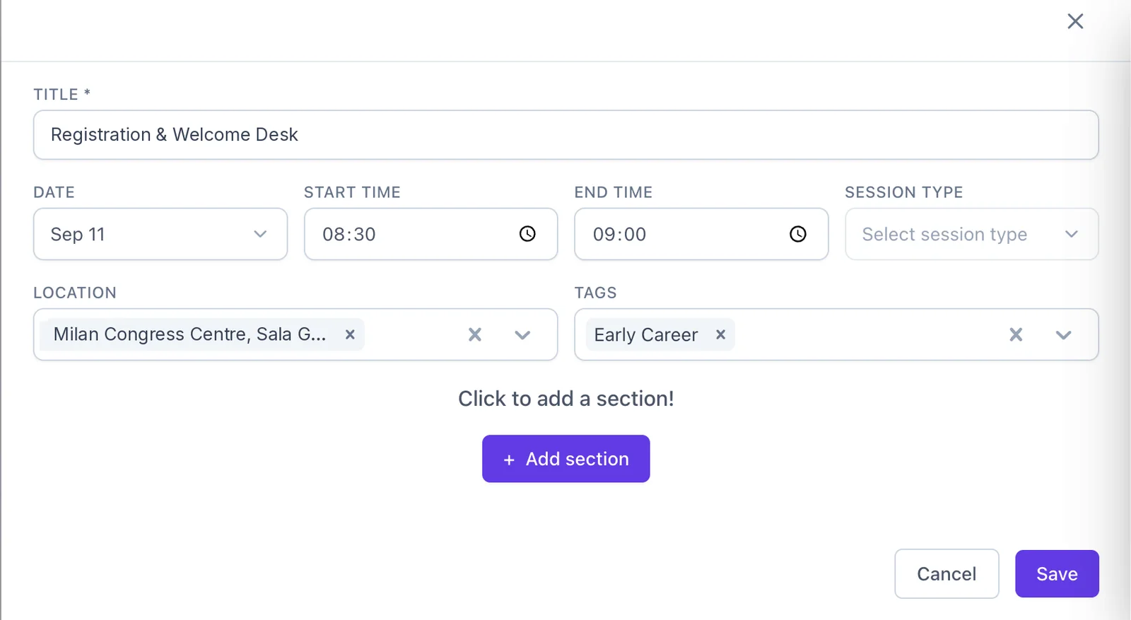 The session dialogue with title, date, start and end time, session type, location and tag fields.