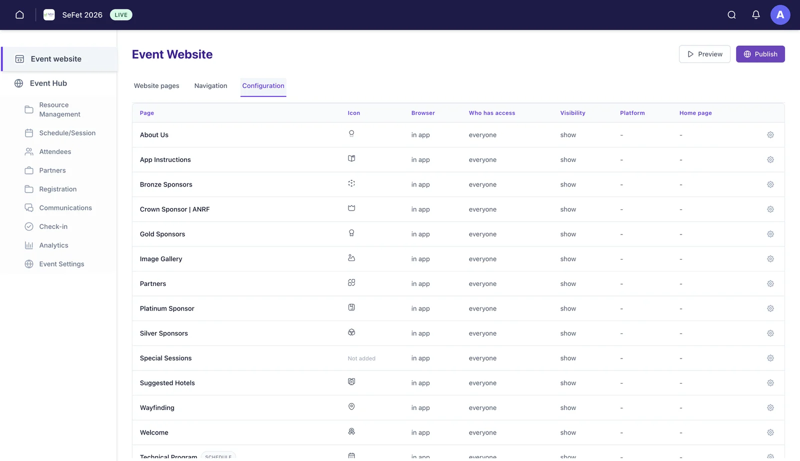 The Configuration tab of Event website, listing each page with columns for icon, browser, who has access, visibility, platform and home page.