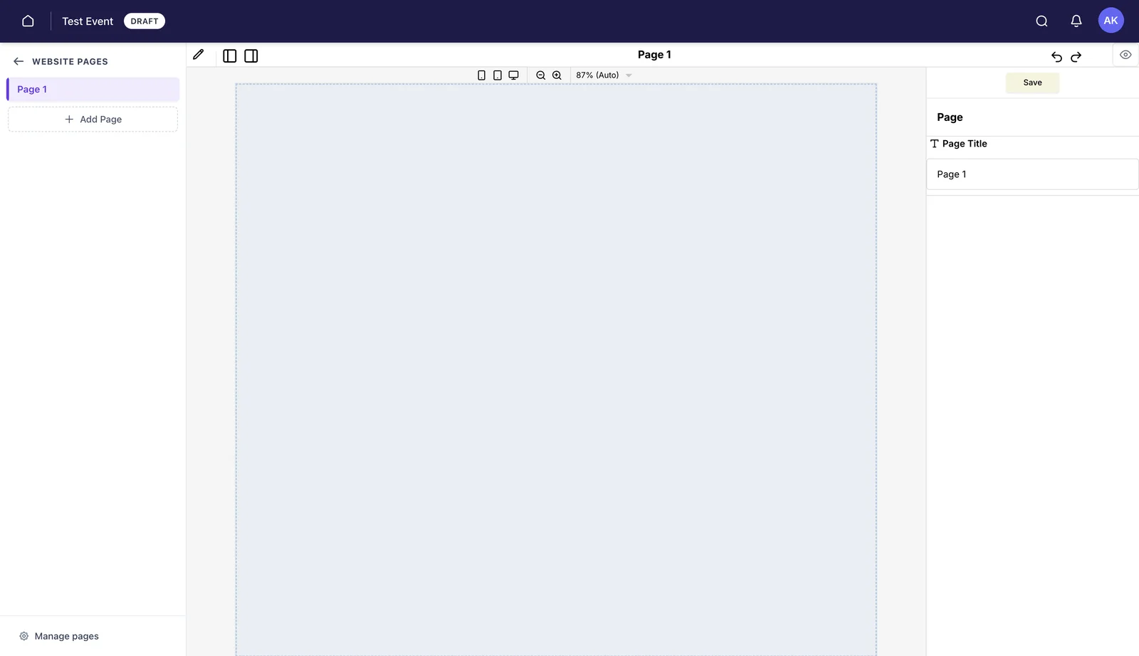 The page editor with a website pages list on the left, an empty canvas, device width controls, and a page settings panel on the right.