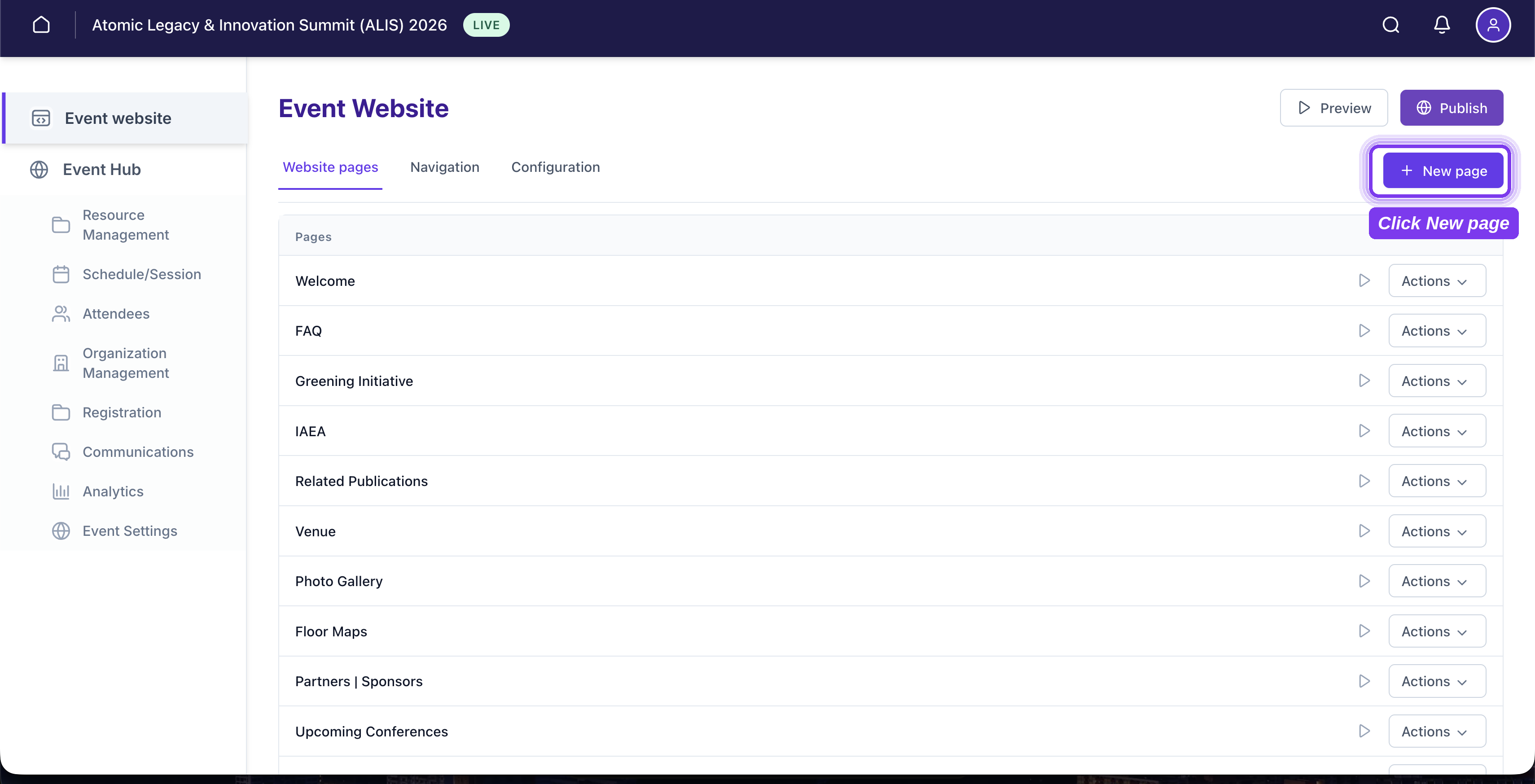 Event website → Website pages list showing page rows with a preview icon and Actions menu, plus New page, Preview and Publish buttons.