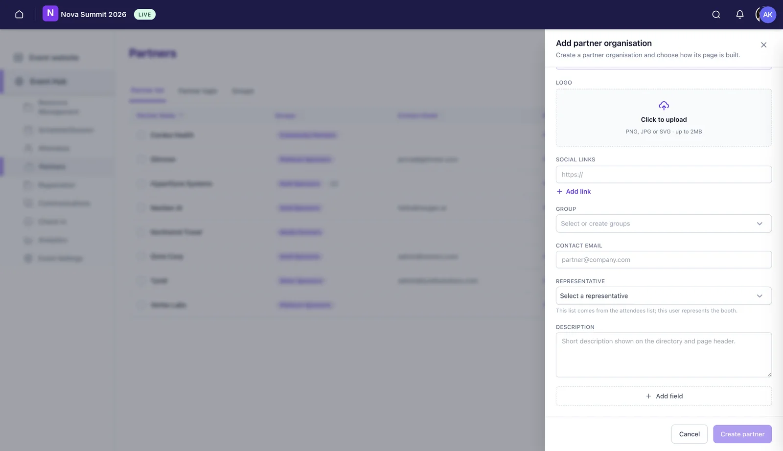 The Add partner organisation panel with fields for logo, social links, group, contact email, representative and description.