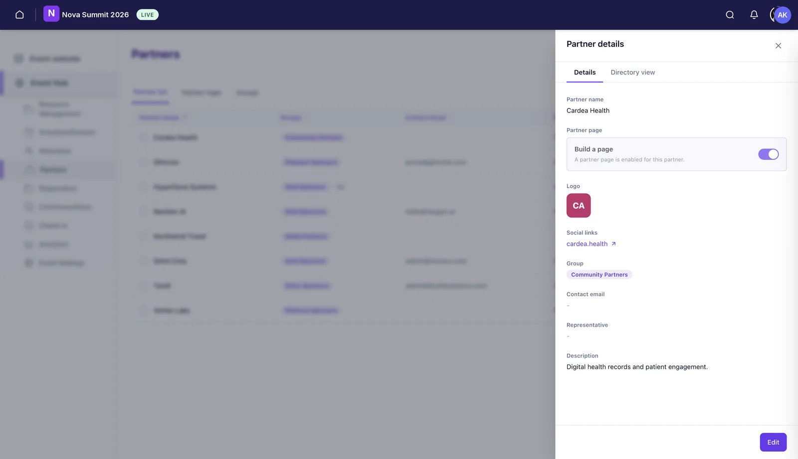 The Partner details panel showing the Build a page toggle, logo, social links, group, contact email, representative and description.