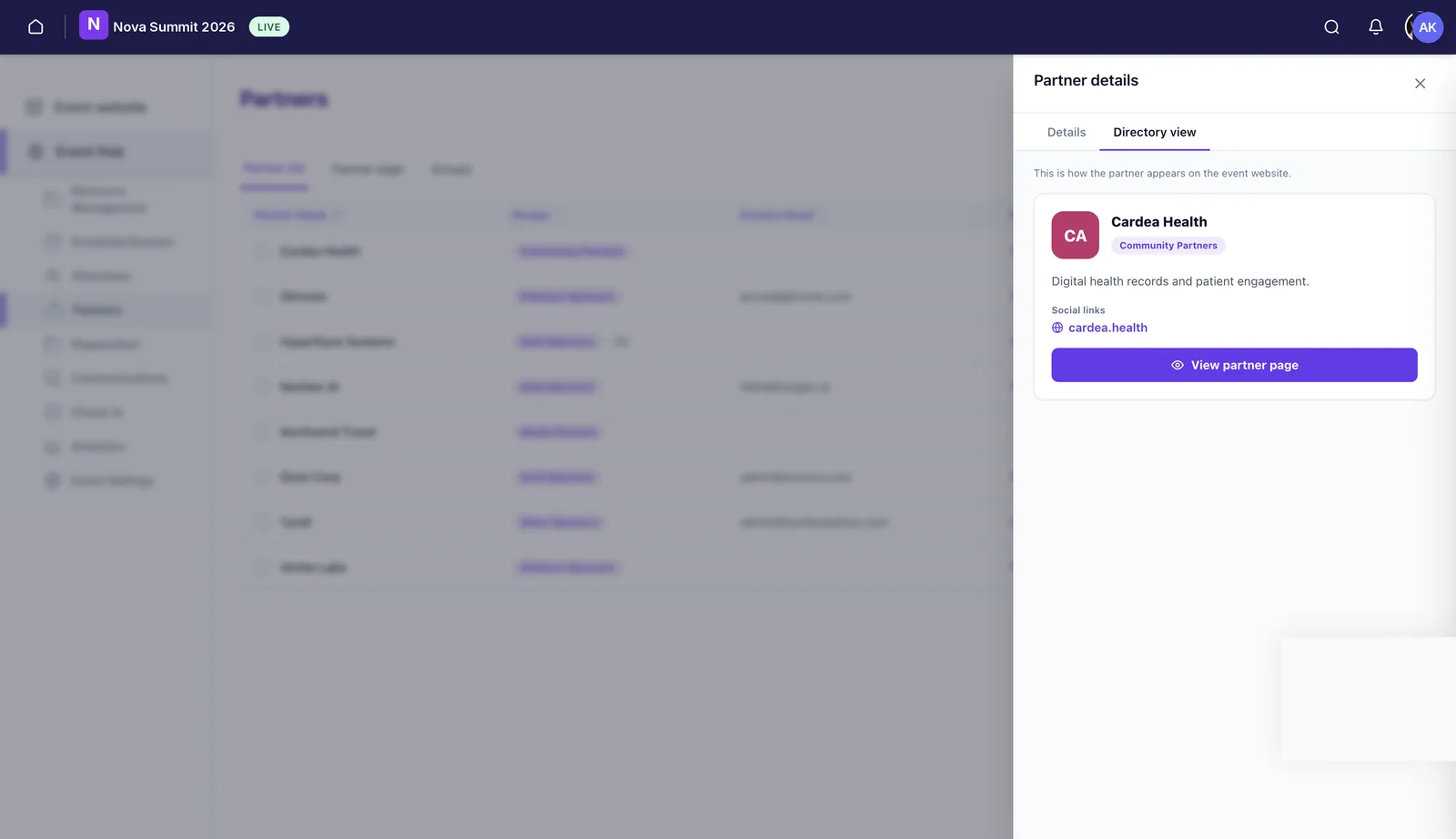 A partner card as it appears on the event website, with logo, tier, description, social links and a View partner page button.