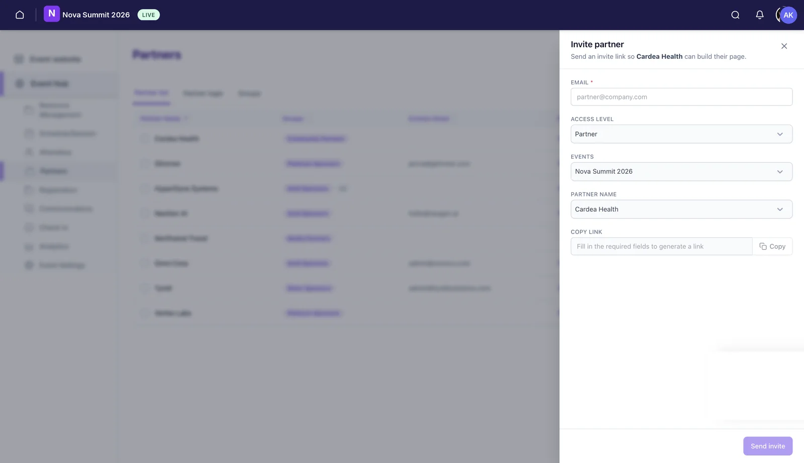 The Invite partner panel with email, access level, events, partner name and a generated copy link.