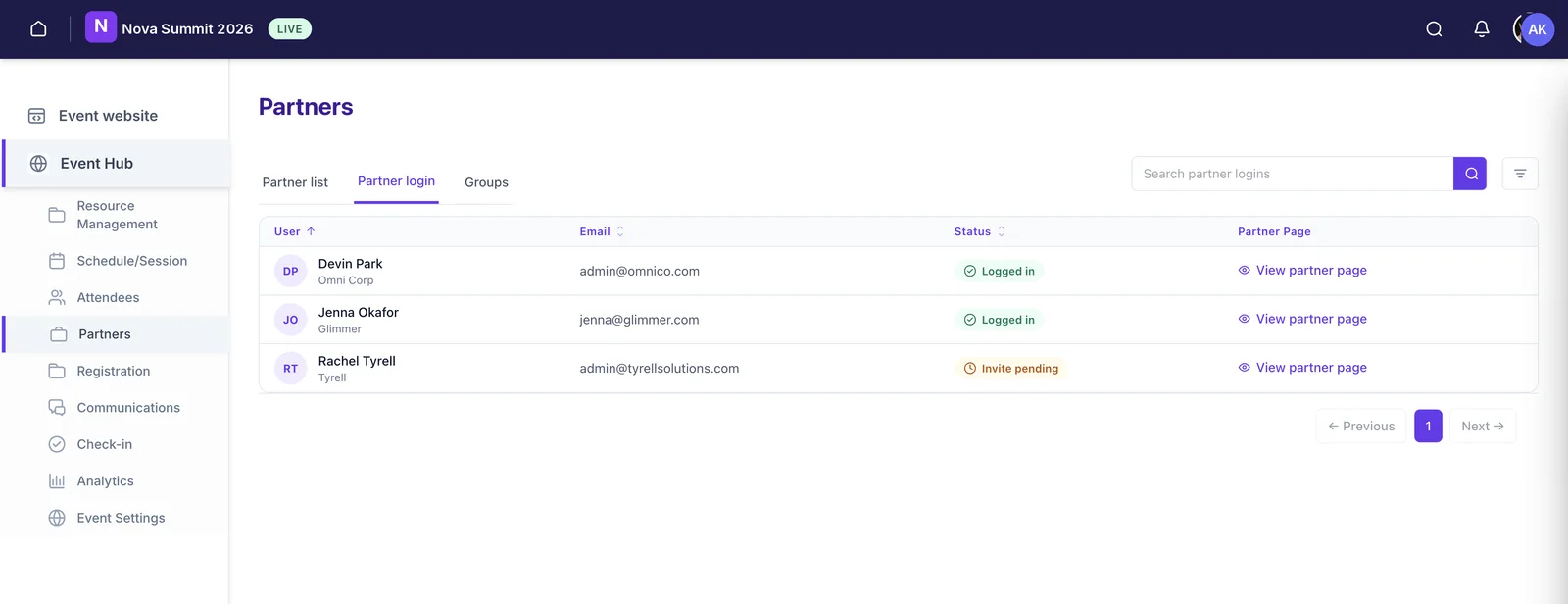 The Partner login tab showing each partner user with their email, whether they are logged in or their invite is pending, and a link to their partner page.