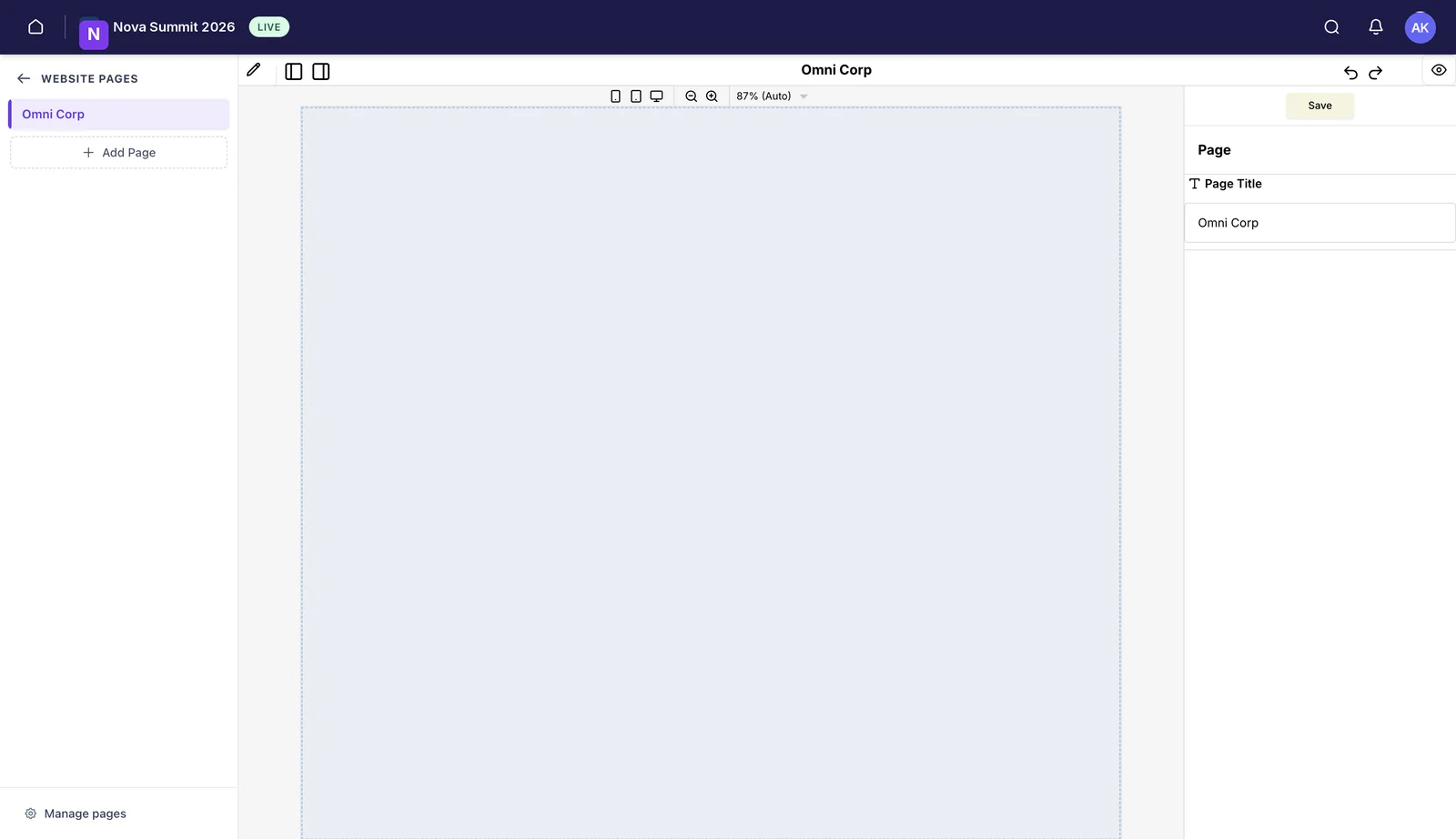 The page editor with the partner page in the pages list, a canvas in the middle, device width controls, and a page settings panel on the right.