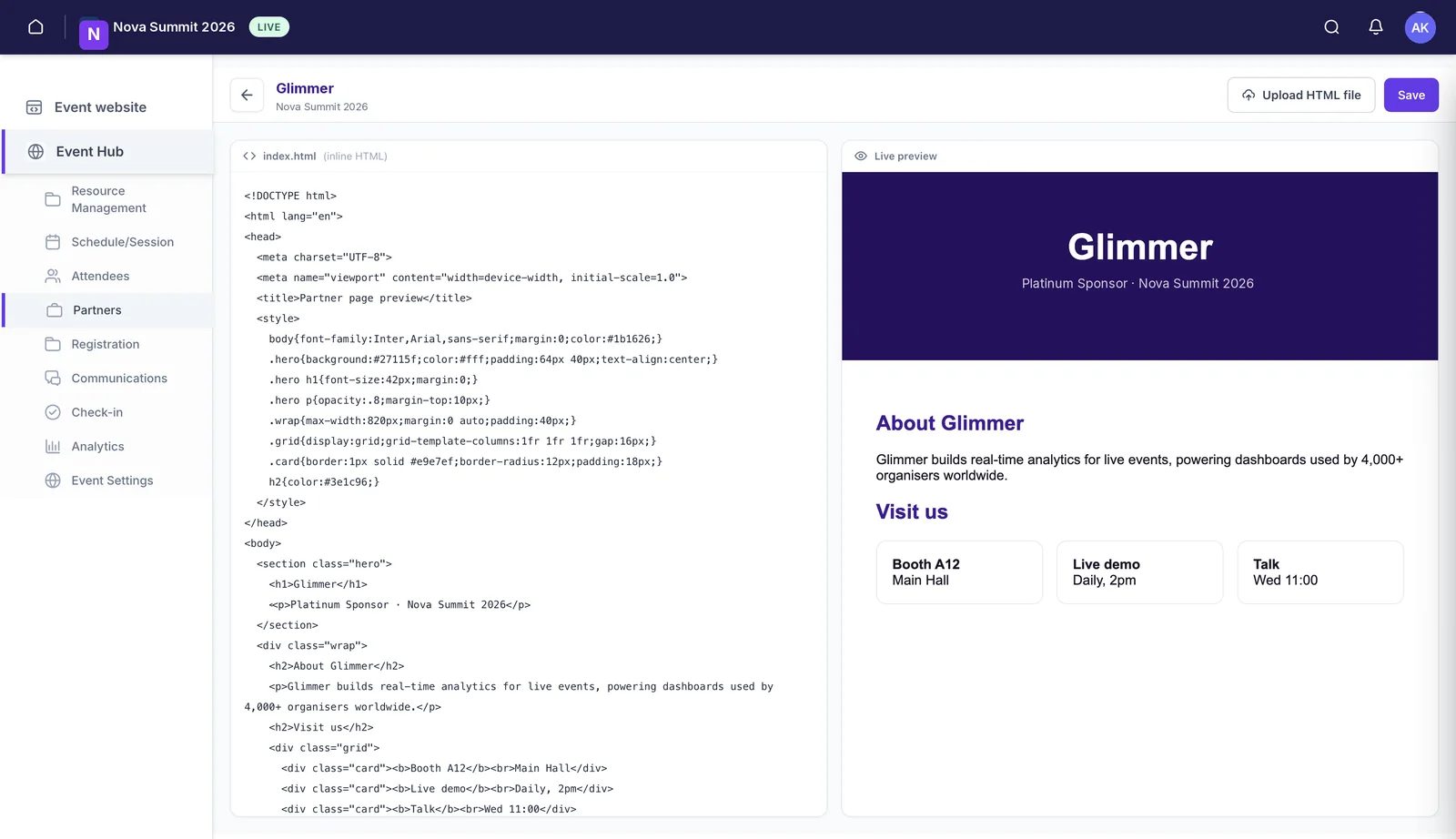 The inline HTML editor, with index.html source on the left and a live preview of the rendered partner page on the right.