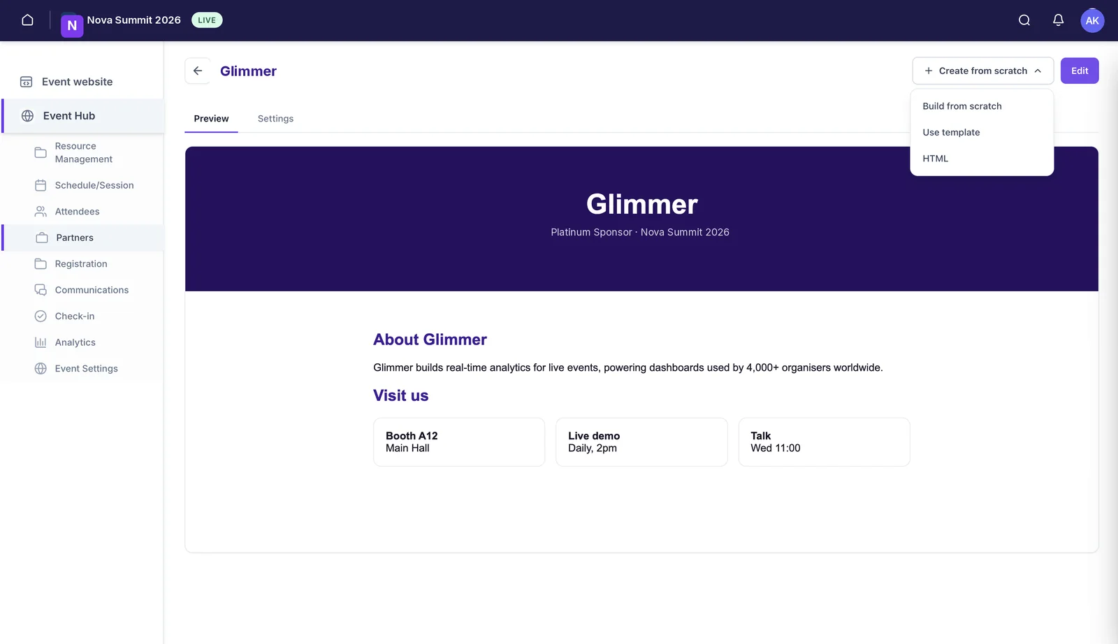 A partner page with Preview and Settings tabs, and a Create from scratch menu offering Build from scratch, Use template, and HTML.