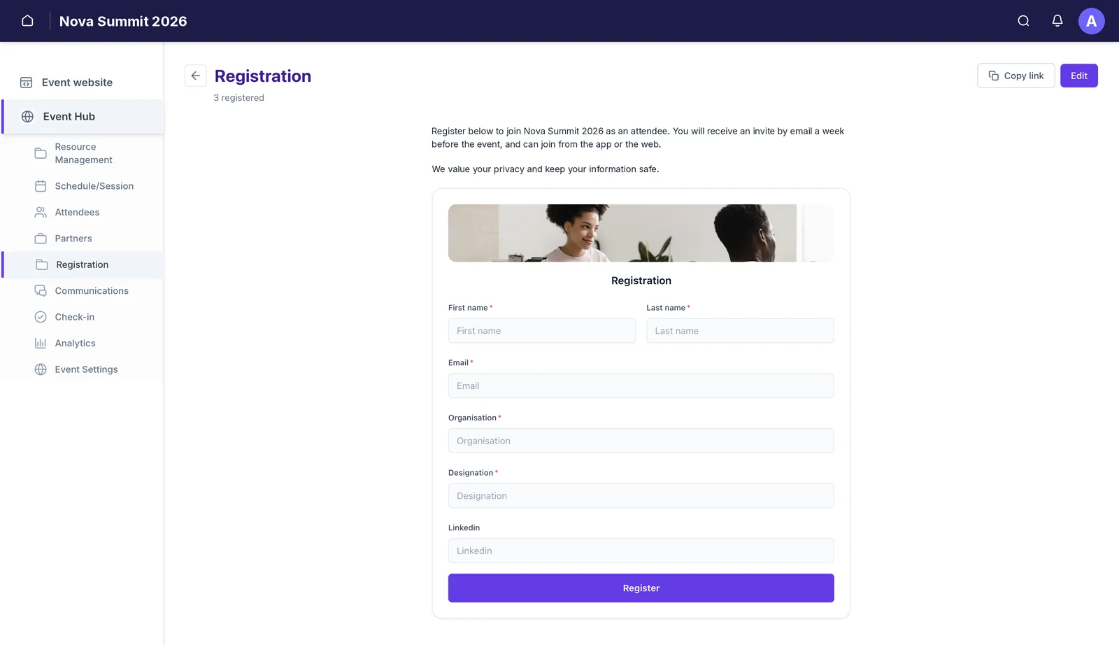A published registration form showing the registered count, a Copy link button and the form as attendees see it.