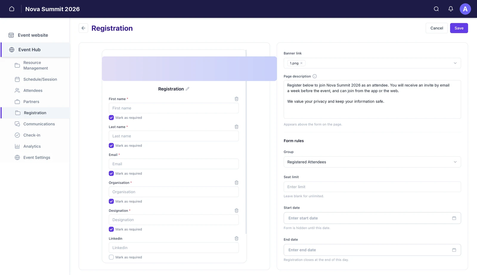 The form editor with the field list and Mark as required checkboxes on the left, and banner, page description and Form rules for group, seat limit, start date and end date on the right.