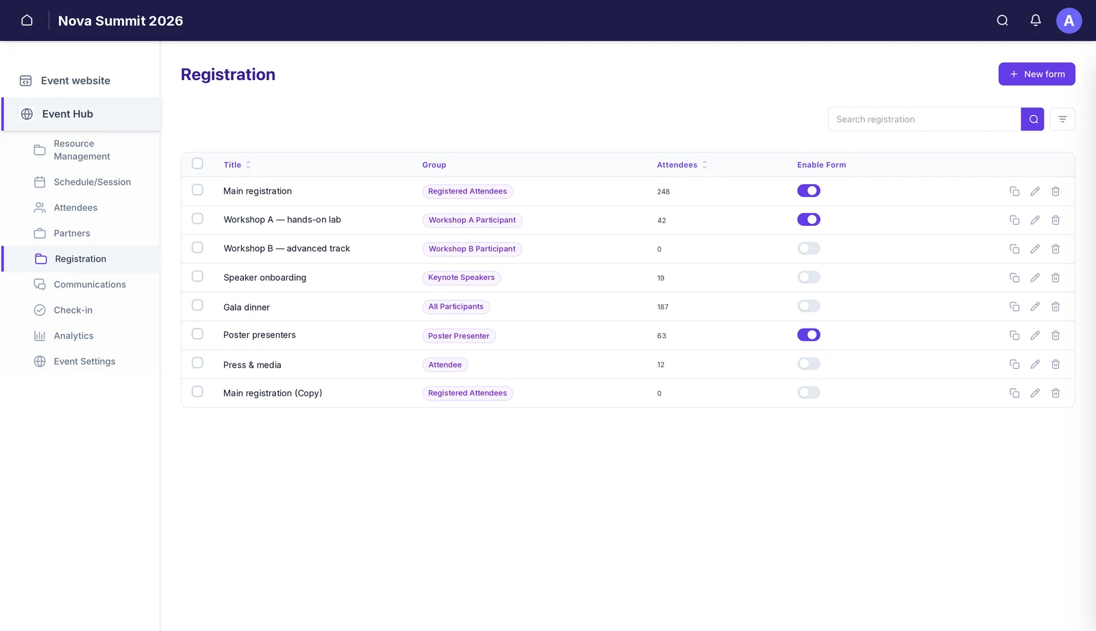 The Registration list showing eight forms with their group, attendee count and an Enable Form toggle, plus duplicate, edit and delete actions.