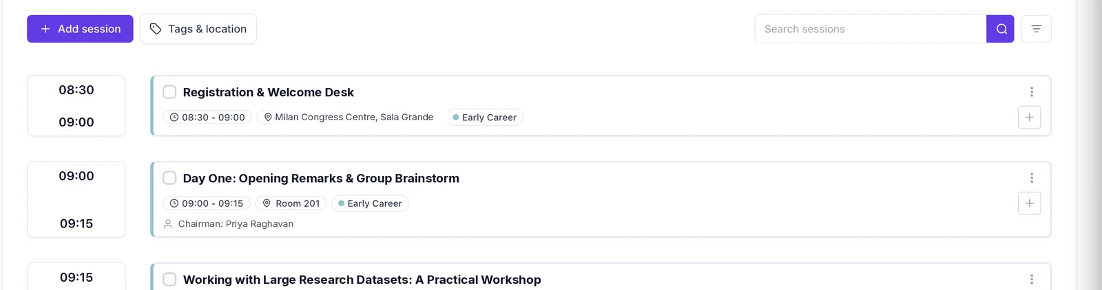 The schedule toolbar with Add session, Tags and location, and the Search sessions box above the day's sessions.